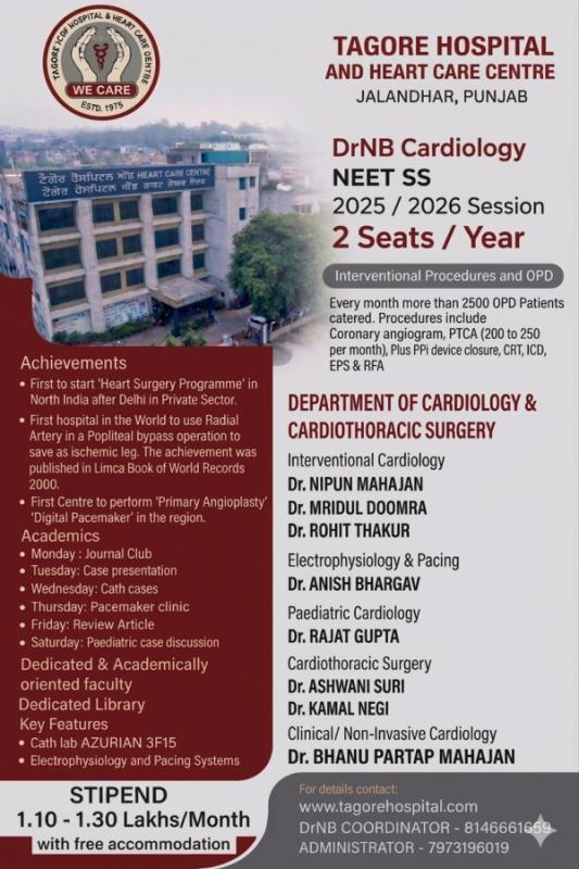 DrNB Cardiology Admissions Open for NEET SS at Tagore Hospital and Heart Care Centre
